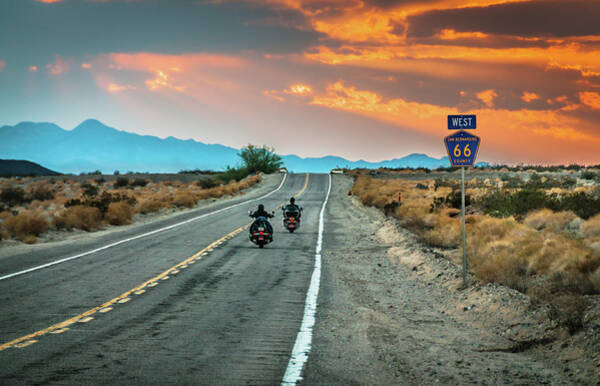 Motorcyclists on Route 66 at Sunset Wall Art