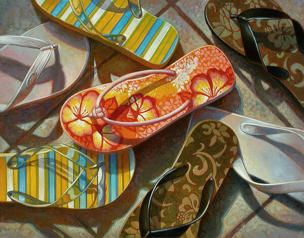 Colorful Flip-Flops on Tile Floor Wall Art