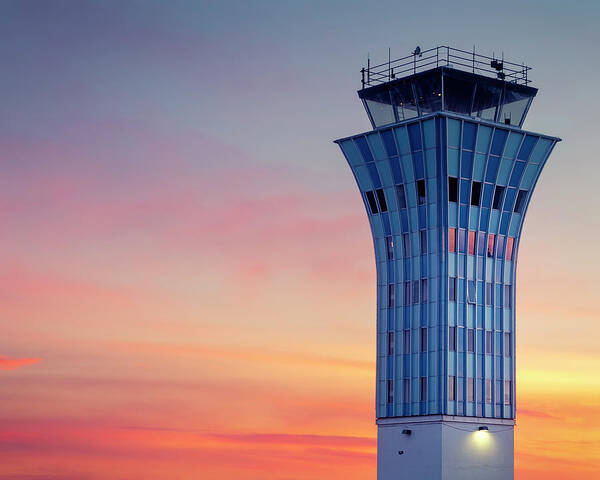 Sunset Over an Air Traffic Control Tower Art Print