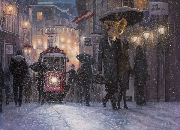 Snowy Night with a Tuba Man Wall Art