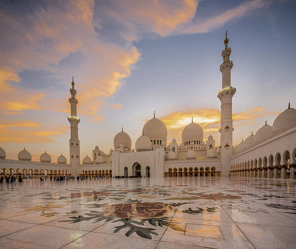 United Arab Emirates, Emirate Abu Dhabi, Abu Dhabi, Arab States Of The Persian Gulf, Arabian Peninsula, Sheikh Zayed Grand Mosque, The Inner Courtyard At The Sunset Art Print
