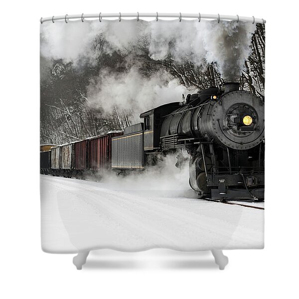 Steam Train Journey Through Snowy Mountains Shower Curtain
