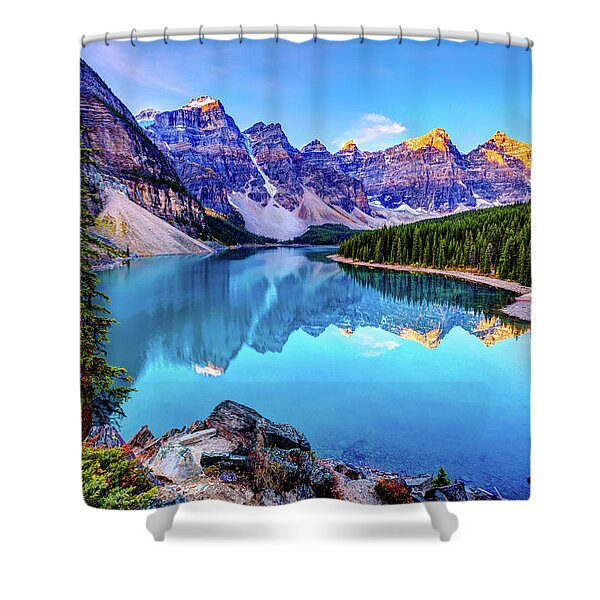 Serene Mountain Lake at Sunrise Shower Curtain