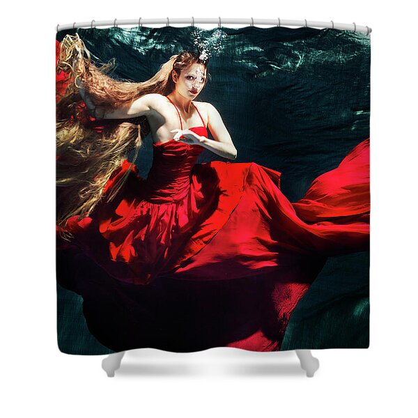 Woman in Flowing Red Dress Underwater Shower Curtain