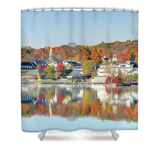 Scenic Lakeside Town in Autumn Shower Curtain