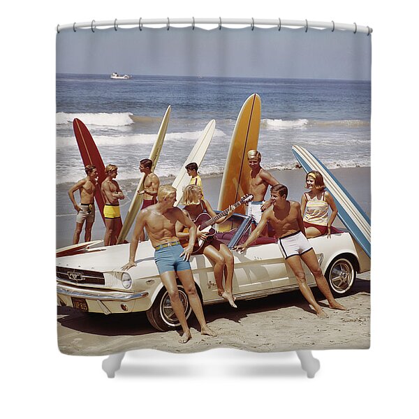 Surfers with Mustang on the Beach Shower Curtain