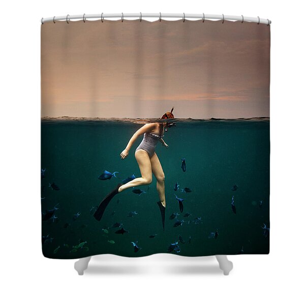 Snorkeler Among Tropical Fish Shower Curtain