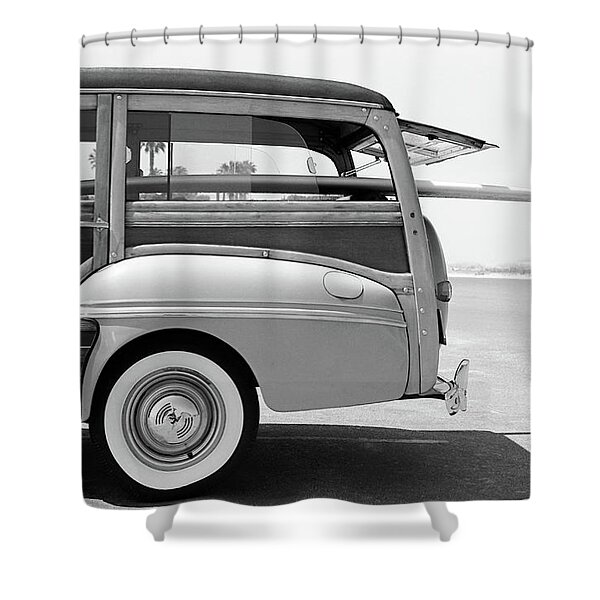 Vintage Surf Wagon with Longboard Shower Curtain