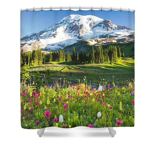 Mount Rainier with Colorful Wildflowers Shower Curtain