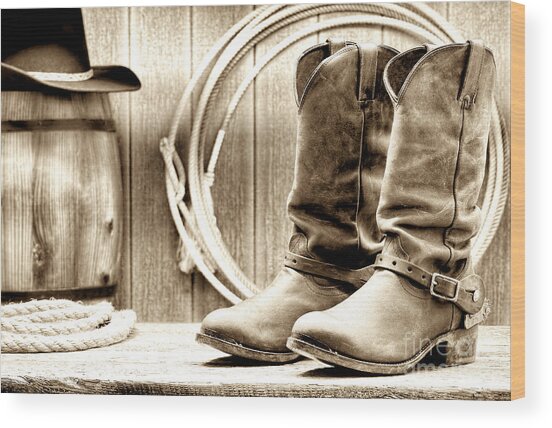 Rustic Cowboy Boots in Sepia Wood Print