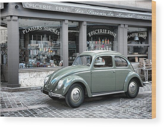 Vintage Car in Front of French Shop Wood Print