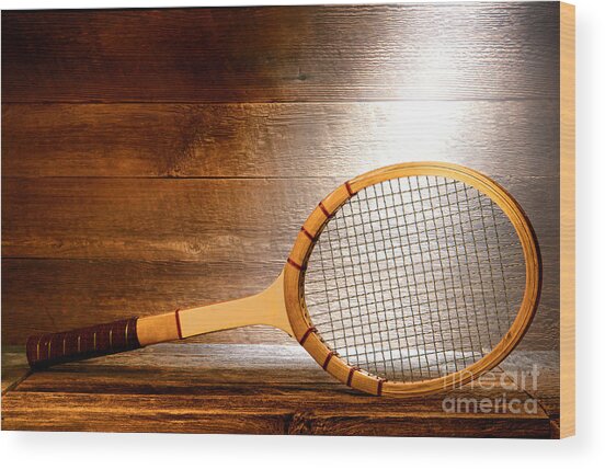 Vintage Tennis Racket on Wooden Background Wood Print