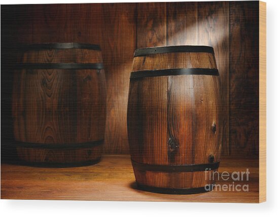 Barrels in Wooden Room Wood Print