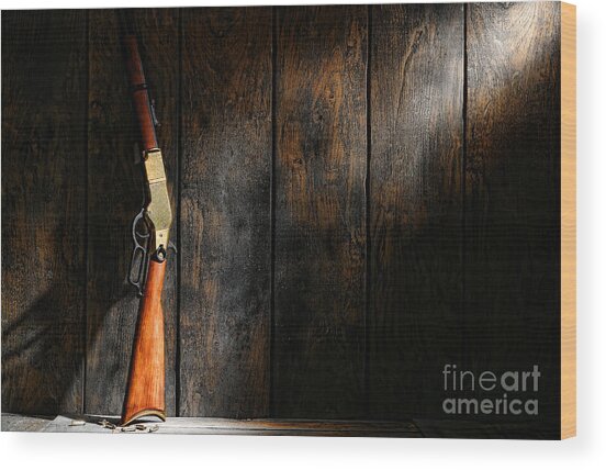 Vintage Rifle Against Wooden Wall Wood Print