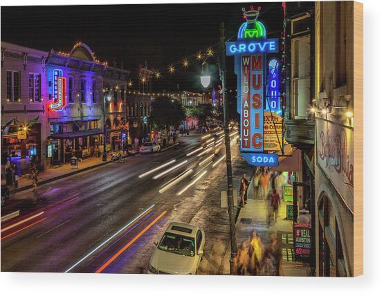 6th Street At Night, Austin, Texas Wood Print
