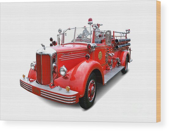 Vintage Red Fire Truck Wood Print