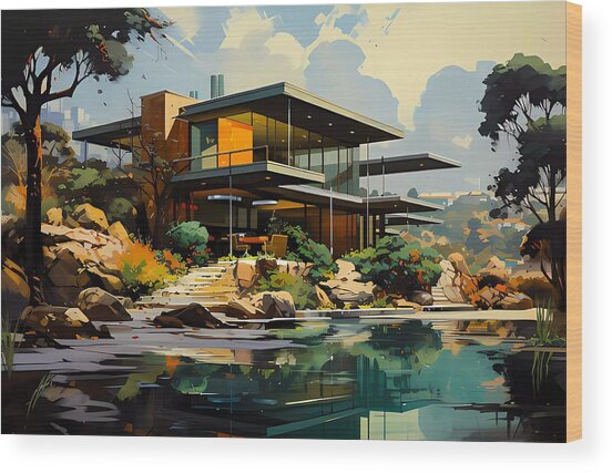 A Mid-century Modern Style Painting Of A Smart Home No 1 Wood Print