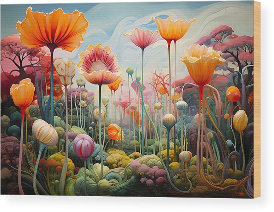 A Surrealist Painting Featuring A Landscape Of Giant, Fantastical Flowers No 1 Wood Print