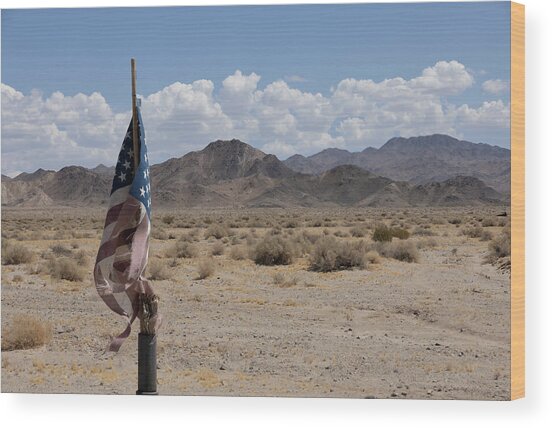 Weathered American Flag In Mojave Desert Landscape Wood Print