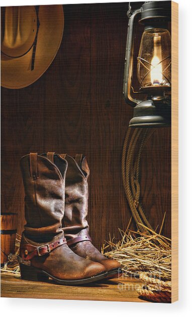 Rustic Cowboy Boots and Lantern Wood Print