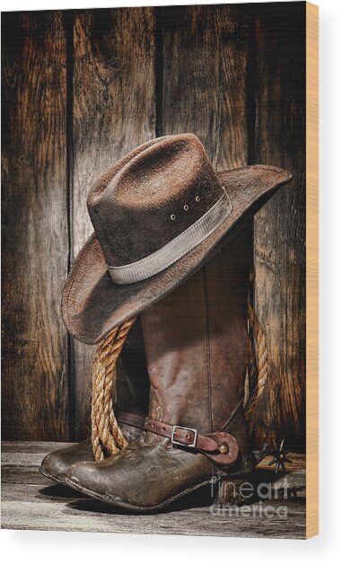 Classic Cowboy Boots and Hat Wood Print