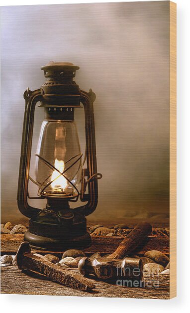 Vintage Lantern on Rustic Table Wood Print