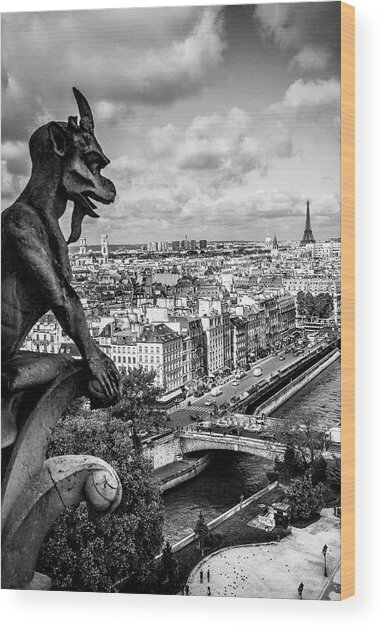 Notre Dame Gargoyle & City Of Paris #1 Wood Print