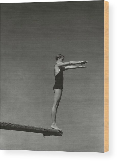 Diver Poised on High Dive Wood Print