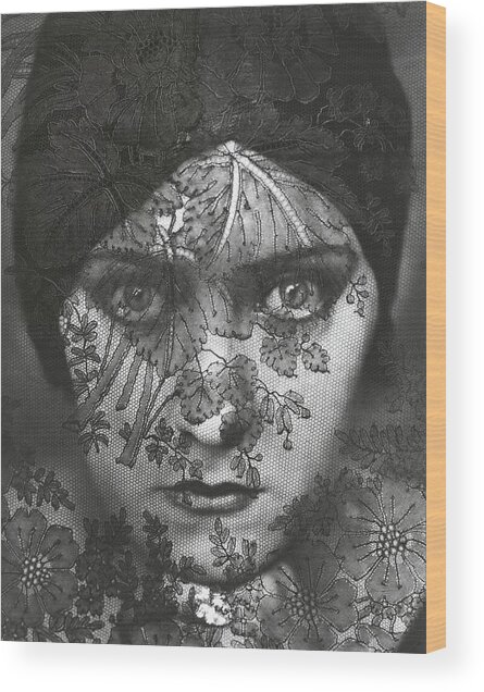 Woman Behind Ornate Lace Veil Wood Print