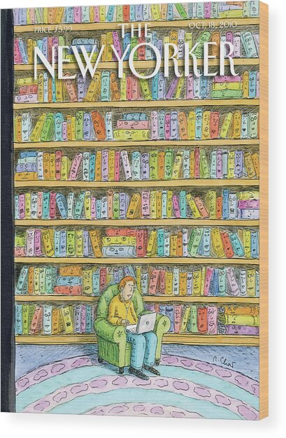 Man Reading on Laptop in Library Wood Print