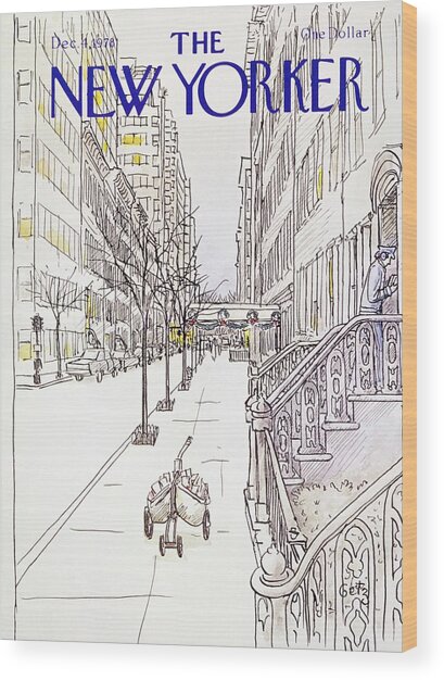 Winter Street Scene with Strollers Wood Print