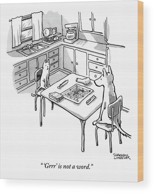 Dogs Playing Scrabble in Kitchen Wood Print