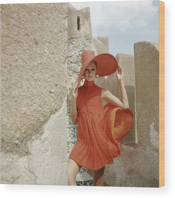 Fashionable Woman in Red Dress Wood Print