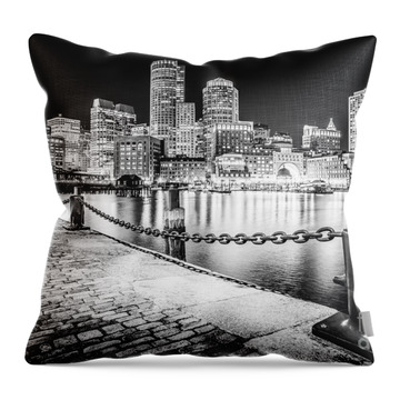 Boston Skyline At Night Black And White Picture Throw Pillow