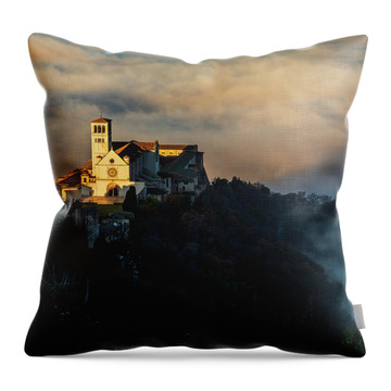Italy, Umbria, Perugia District, Appenines, Sagrantino Wine Road, Assisi, Basilica Of San Francesco, The Basilica Of San Francesco Emerging From The Morning Fog #1 Throw Pillow