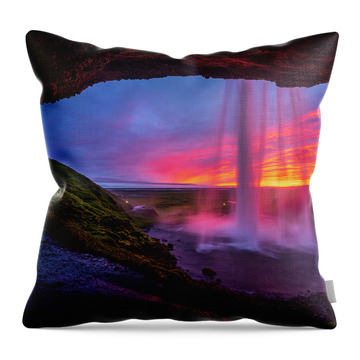 Iceland, South Iceland, Suwurland, Sunset From The Footpath Behind Seljalandsfoss Waterfall #4 Throw Pillow