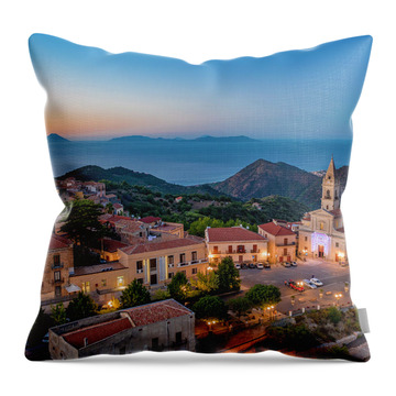 Italy, Sicily, Messina District, Mediterranean Sea, Naso, The Village Of Naso Seen From Above Throw Pillow