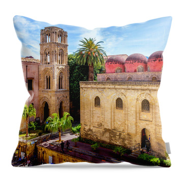 Italy, Sicily, Palermo District, Mediterranean Sea, Tyrrhenian Sea, Palermo, Piazza Bellini With The Churches Of Santa Maria Dell'ammiraglio Or Martorana And San Cataldo With The Typical Red Domes Throw Pillow