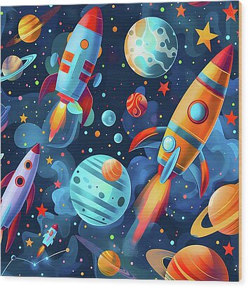 Space_exploration_theme_rockets_and_planets_vibrant_colors_No 1 Wood Print by Andre Petrov