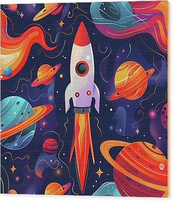 Space_exploration_theme_rockets_and_planets_vibrant_colors_No 2 Wood Print by Andre Petrov