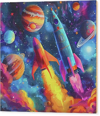 Space_exploration_theme_rockets_and_planets_vibrant_colors_No 3 Wood Print by Andre Petrov