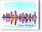 Watercolor Painting Of San Diego Skyline At Sunset From Coronado Acrylic Print
