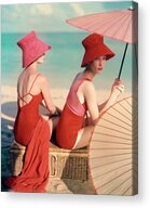Elegant Beach Fashion with Straw Hats Acrylic Print by Louise Dahl-Wolfe