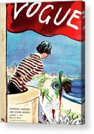 Woman Overlooking Beach from Balcony Acrylic Print by Carl Oscar August Erickson