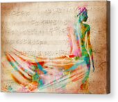 Colorful Silhouette over Sheet Music Acrylic Print by Nikki Smith