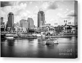 Cincinnati Skyline And Riverboat Black And White Picture Canvas Print