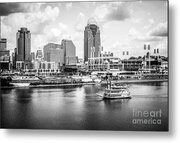 Cincinnati Skyline And Riverboat Black And White Picture Metal Print