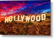 Hollywood Sign In The Sunset Light With A Dramatic Sky - Digital Painting Metal Print