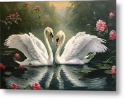 Graceful Swans in a Tranquil Pond Metal Print