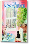 Cozy Interior with Cat and Cityscape Metal Print
